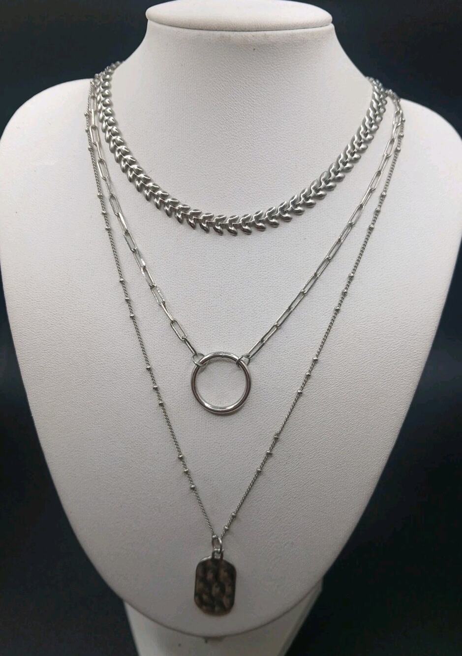 C1946 - 3 Strand Layered Stack Silvertone Necklace